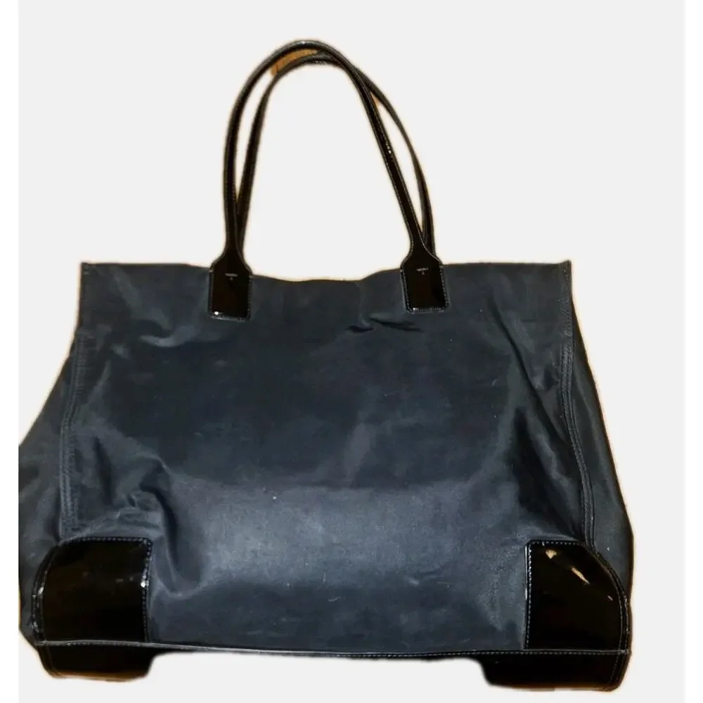 Tory Burch X2108 Black Patent Leather Nylon Large Tote Size 17x13x5 in